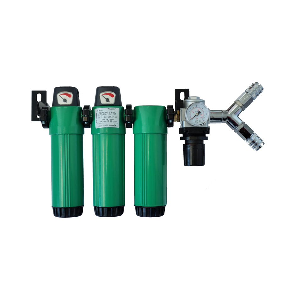 Ekastu Atemluftfilter D-FL 20 VSA-PLUS, 2 Ausgänge, mit Druckregler und Atemluft-Filterpatronen (Vor-, Submicro- und Aktivkohlefilter)