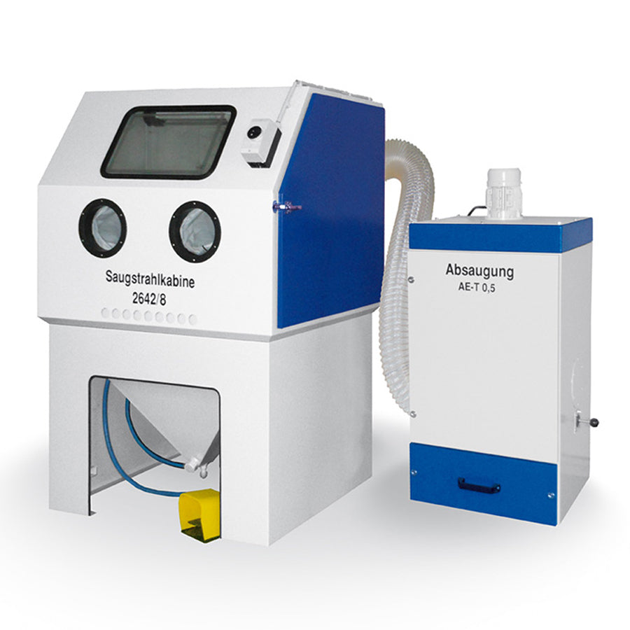 Radler & Ruf Saugstrahlkabine 2642/8 mit Filteranlage AE-T 0,5, manuelle Filterabreinigung, optional mit Strahlmittelaufbereitung