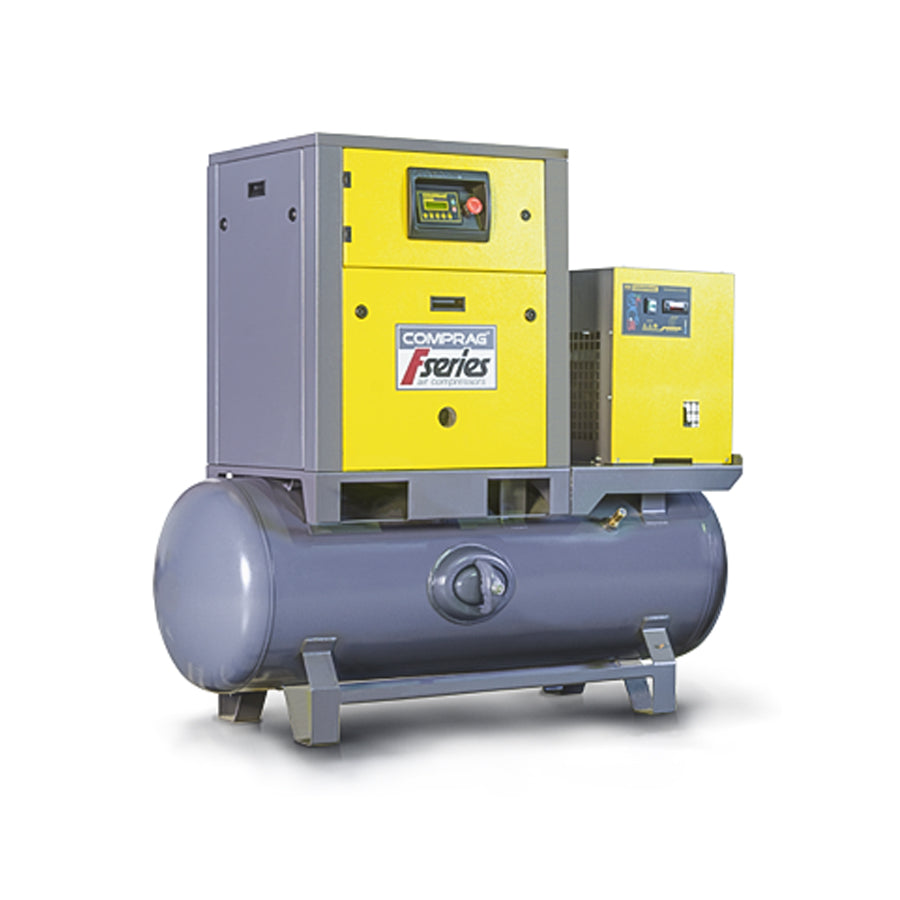 Comprag screw compressor FRD-series, 3 kW drive power, refrigerant dryer, 270 liters compressed air tank, 0.38/0.46 m³/min flow rate, 8/10 bar max. operating pressure
