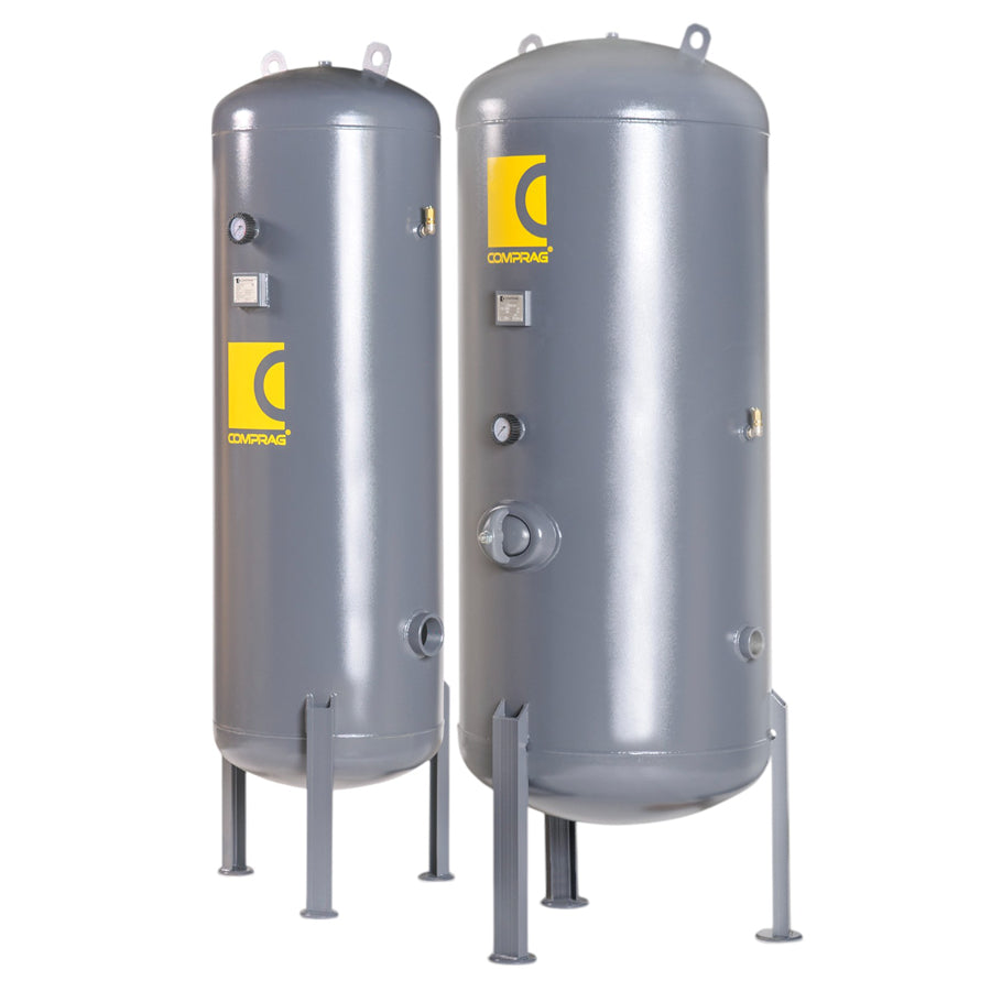 Comprag Compressed Air Tank RV, 500-3000 Liters, Max. Operating Pressure 11 bar, Vertical, Powder Coated (P) or Hot-Dip Galvanized (G)