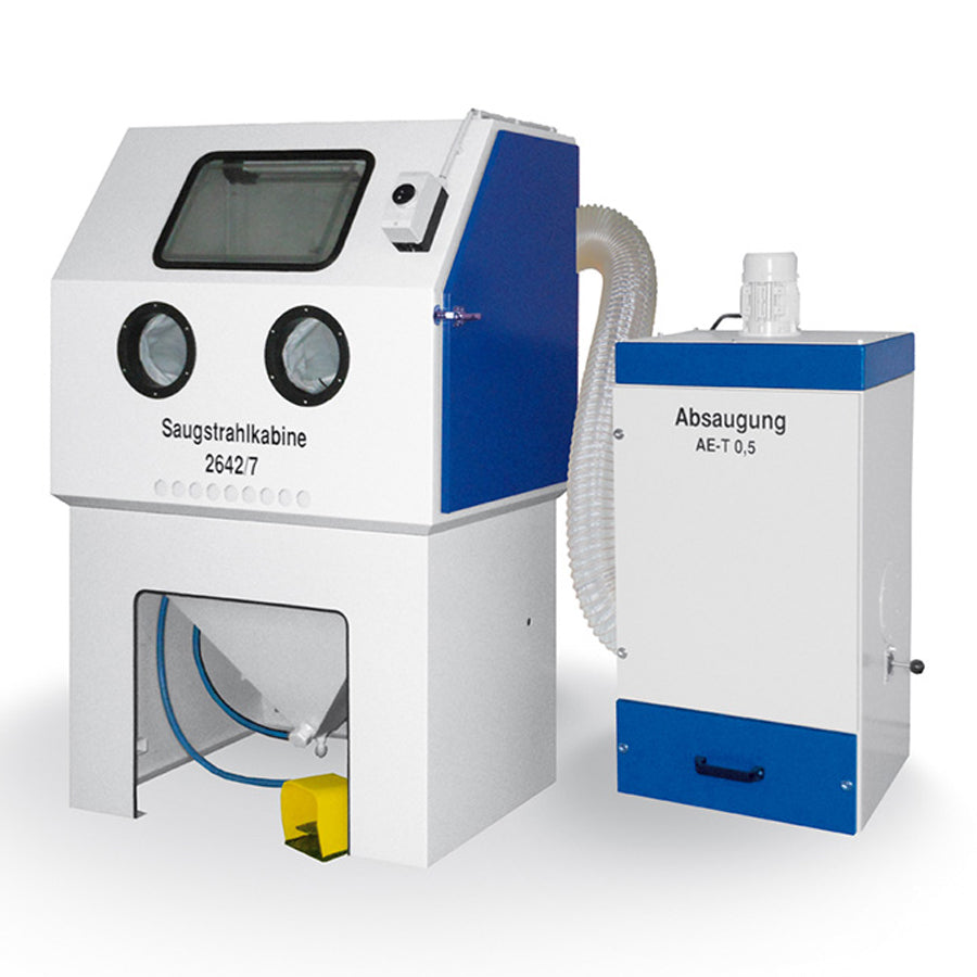 Radler & Ruf Saugstrahlkabine 2642/7 mit Filteranlage AE-T 0,5, manuelle Filterabreinigung, optional mit Strahlmittelaufbereitung