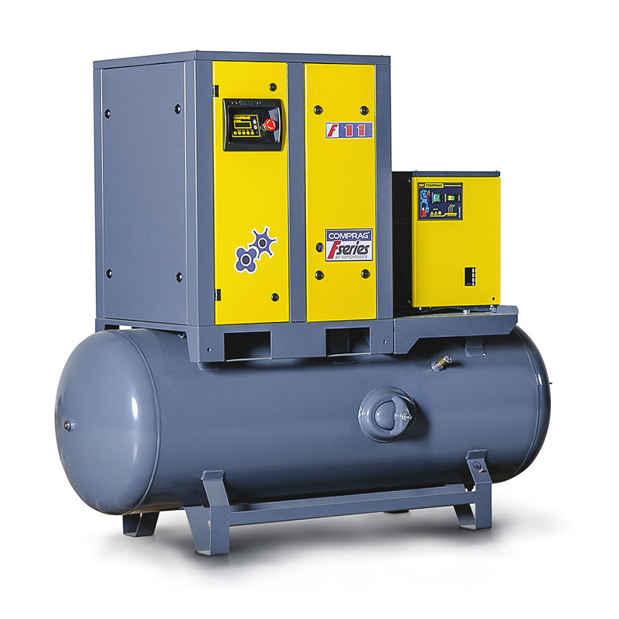 Comprag Screw Compressor FRD Series, 11 kW Drive Power, Refrigerant Dryer, 270/500 Liter Compressed Air Tank, 1.4/1.6 m³/min Flow Rate, 8/10 bar Max. Operating Pressure