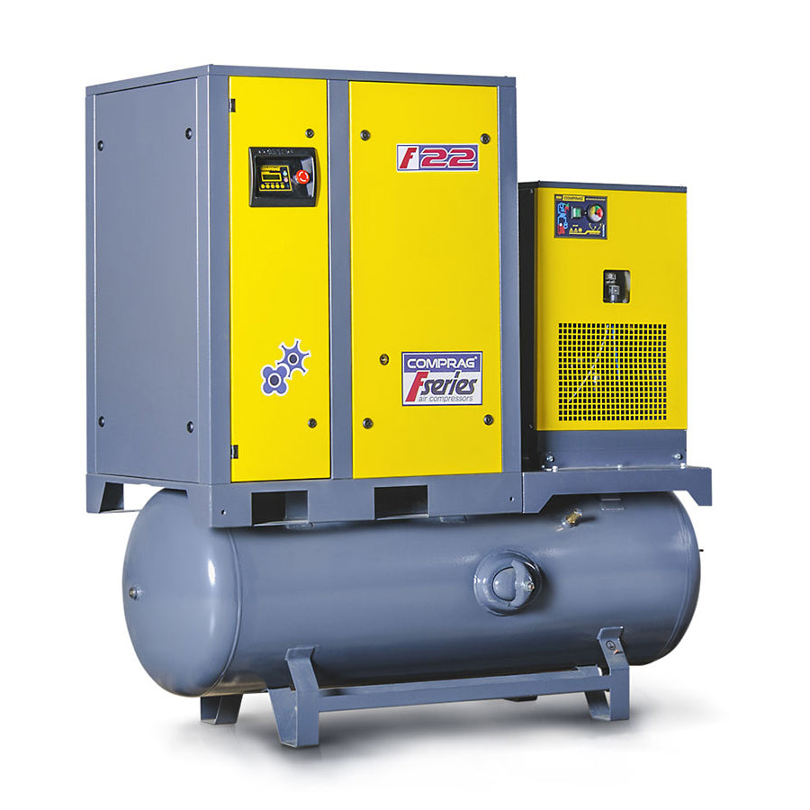 Comprag Screw Compressor FRD Series, 22 kW Drive Power, Refrigerant Dryer, 500 Liter Compressed Air Tank, 3/3.6 m³/min Flow Rate, 8/10 bar Max. Operating Pressure