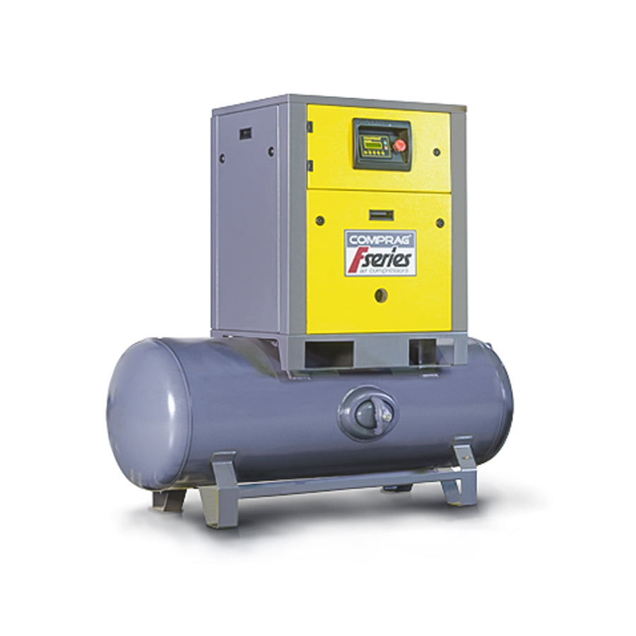 Comprag screw compressor FR-series, 3 kW drive power, 270 liters compressed air tank, 0.38/0.46 m³/min flow rate, 8/10 bar max. operating pressure